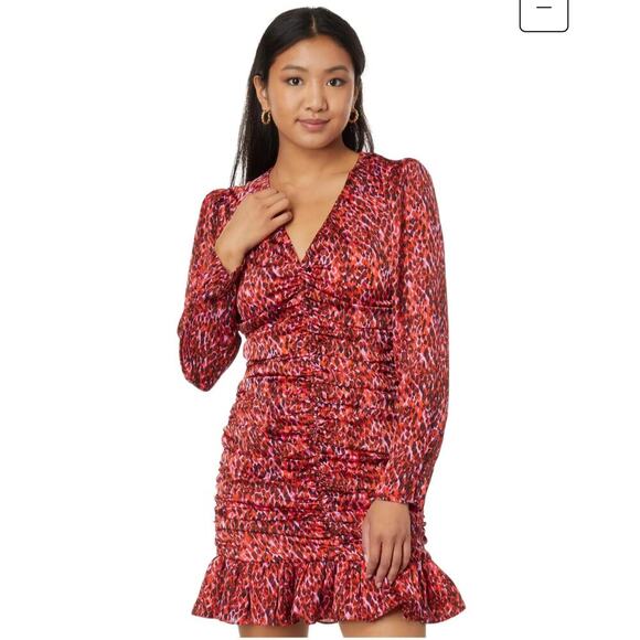 En Saison Razzalind Mini Dress size M NWT Ruched Raspberry Leopard Long sleeve - Picture 2 of 11